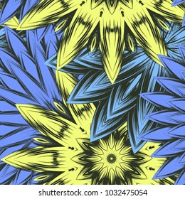 Seamless floral background. Tracery handmade nature ethnic fabric backdrop pattern with flowers. Textile design texture. Decorative color art. Vector
