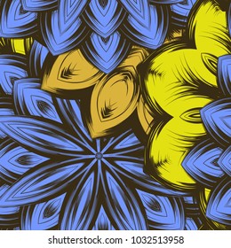 Seamless floral background. Tracery handmade nature ethnic fabric backdrop pattern with flowers. Textile design texture. Decorative color art. Vector