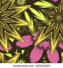Seamless floral background. Tracery handmade nature ethnic fabric backdrop pattern with flowers. Textile design texture. Decorative color art. Vector