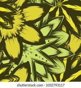 Seamless floral background. Tracery handmade nature ethnic fabric backdrop pattern with flowers. Textile design texture. Decorative color art. Vector
