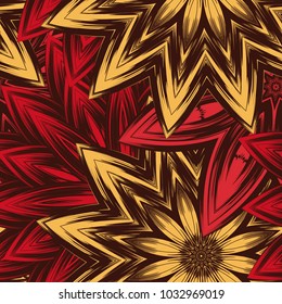 Seamless floral background. Tracery handmade nature ethnic fabric backdrop pattern with flowers. Textile design texture. Decorative color art. Vector