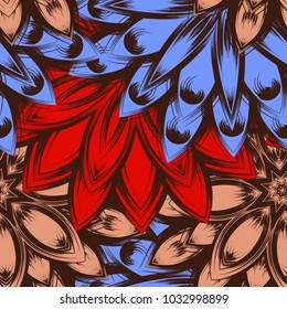 Seamless floral background. Tracery handmade nature ethnic fabric backdrop pattern with flowers. Textile design texture. Decorative color art. Vector