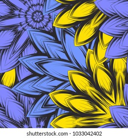 Seamless floral background. Tracery handmade nature ethnic fabric backdrop pattern with flowers. Textile design texture. Decorative color art. Vector