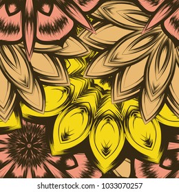 Seamless floral background. Tracery handmade nature ethnic fabric backdrop pattern with flowers. Textile design texture. Decorative color art. Vector