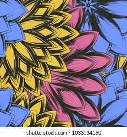 Seamless floral background. Tracery handmade nature ethnic fabric backdrop pattern with flowers. Textile design texture. Decorative color art. Vector
