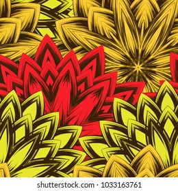 Seamless floral background. Tracery handmade nature ethnic fabric backdrop pattern with flowers. Textile design texture. Decorative color art. Vector