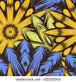 Seamless floral background. Tracery handmade nature ethnic fabric backdrop pattern with flowers. Textile design texture. Decorative color art. Vector