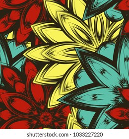 Seamless floral background. Tracery handmade nature ethnic fabric backdrop pattern with flowers. Textile design texture. Decorative color art. Vector