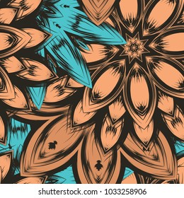 Seamless floral background. Tracery handmade nature ethnic fabric backdrop pattern with flowers. Textile design texture. Decorative color art. Vector