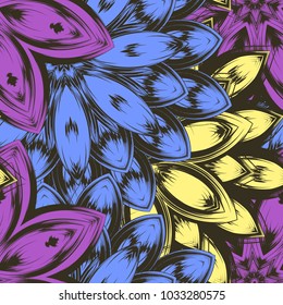 Seamless floral background. Tracery handmade nature ethnic fabric backdrop pattern with flowers. Textile design texture. Decorative color art. Vector