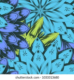 Seamless floral background. Tracery handmade nature ethnic fabric backdrop pattern with flowers. Textile design texture. Decorative color art. Vector