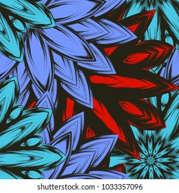 Seamless floral background. Tracery handmade nature ethnic fabric backdrop pattern with flowers. Textile design texture. Decorative color art. Vector