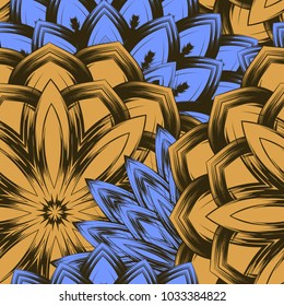 Seamless floral background. Tracery handmade nature ethnic fabric backdrop pattern with flowers. Textile design texture. Decorative color art. Vector
