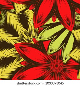 Seamless floral background. Tracery handmade nature ethnic fabric backdrop pattern with flowers. Textile design texture. Decorative color art. Vector