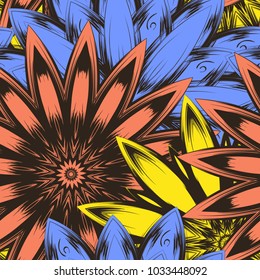 Seamless floral background. Tracery handmade nature ethnic fabric backdrop pattern with flowers. Textile design texture. Decorative color art. Vector