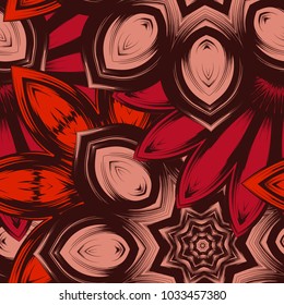 Seamless floral background. Tracery handmade nature ethnic fabric backdrop pattern with flowers. Textile design texture. Decorative color art. Vector