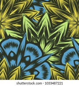 Seamless floral background. Tracery handmade nature ethnic fabric backdrop pattern with flowers. Textile design texture. Decorative color art. Vector