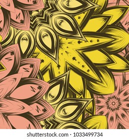 Seamless floral background. Tracery handmade nature ethnic fabric backdrop pattern with flowers. Textile design texture. Decorative color art. Vector