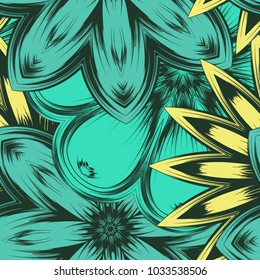 Seamless floral background. Tracery handmade nature ethnic fabric backdrop pattern with flowers. Textile design texture. Decorative color art. Vector