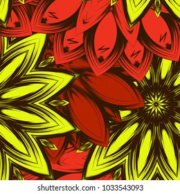 Seamless floral background. Tracery handmade nature ethnic fabric backdrop pattern with flowers. Textile design texture. Decorative color art. Vector
