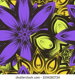 Seamless floral background. Tracery handmade nature ethnic fabric backdrop pattern with flowers. Textile design texture. Decorative color art. Vector