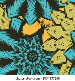 Seamless floral background. Tracery handmade nature ethnic fabric backdrop pattern with flowers. Textile design texture. Decorative color art. Vector