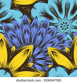 Seamless floral background. Tracery handmade nature ethnic fabric backdrop pattern with flowers. Textile design texture. Decorative color art. Vector