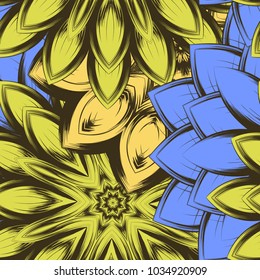 Seamless floral background. Tracery handmade nature ethnic fabric backdrop pattern with flowers. Textile design texture. Decorative color art. Vector