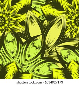 Seamless floral background. Tracery handmade nature ethnic fabric backdrop pattern with flowers. Textile design texture. Decorative color art. Vector