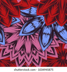 Seamless floral background. Tracery handmade nature ethnic fabric backdrop pattern with flowers. Textile design texture. Decorative color art. Vector