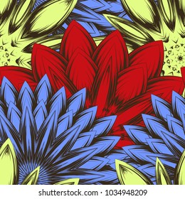 Seamless floral background. Tracery handmade nature ethnic fabric backdrop pattern with flowers. Textile design texture. Decorative color art. Vector