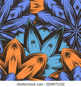 Seamless floral background. Tracery handmade nature ethnic fabric backdrop pattern with flowers. Textile design texture. Decorative color art. Vector