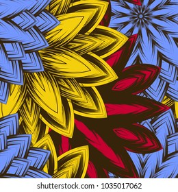 Seamless floral background. Tracery handmade nature ethnic fabric backdrop pattern with flowers. Textile design texture. Decorative color art. Vector