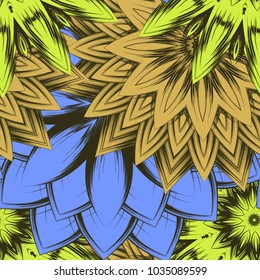 Seamless floral background. Tracery handmade nature ethnic fabric backdrop pattern with flowers. Textile design texture. Decorative color art. Vector