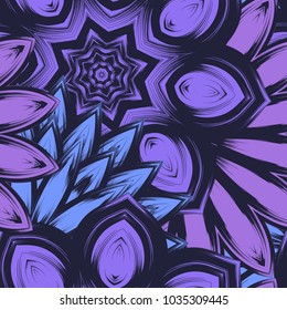 Seamless floral background. Tracery handmade nature ethnic fabric backdrop pattern with flowers. Textile design texture. Decorative color art. Vector