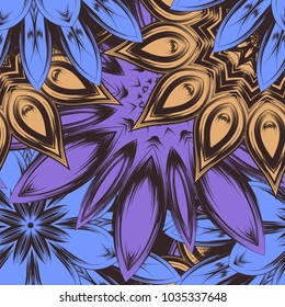 Seamless floral background. Tracery handmade nature ethnic fabric backdrop pattern with flowers. Textile design texture. Decorative color art. Vector