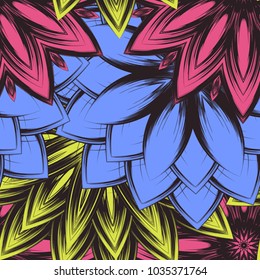 Seamless floral background. Tracery handmade nature ethnic fabric backdrop pattern with flowers. Textile design texture. Decorative color art. Vector