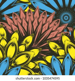 Seamless floral background. Tracery handmade nature ethnic fabric backdrop pattern with flowers. Textile design texture. Decorative color art. Vector