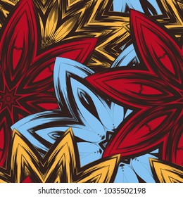 Seamless floral background. Tracery handmade nature ethnic fabric backdrop pattern with flowers. Textile design texture. Decorative color art. Vector