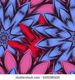 Seamless floral background. Tracery handmade nature ethnic fabric backdrop pattern with flowers. Textile design texture. Decorative color art. Vector