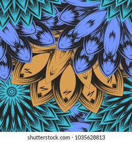 Seamless floral background. Tracery handmade nature ethnic fabric backdrop pattern with flowers. Textile design texture. Decorative color art. Vector