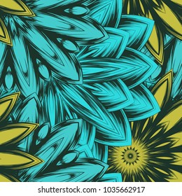 Seamless floral background. Tracery handmade nature ethnic fabric backdrop pattern with flowers. Textile design texture. Decorative color art. Vector