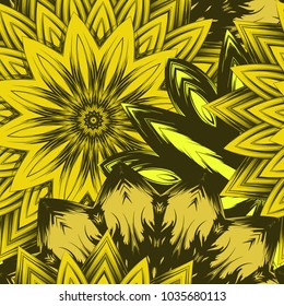 Seamless floral background. Tracery handmade nature ethnic fabric backdrop pattern with flowers. Textile design texture. Decorative color art. Vector
