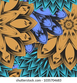 Seamless floral background. Tracery handmade nature ethnic fabric backdrop pattern with flowers. Textile design texture. Decorative color art. Vector