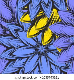 Seamless floral background. Tracery handmade nature ethnic fabric backdrop pattern with flowers. Textile design texture. Decorative color art. Vector