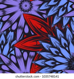 Seamless floral background. Tracery handmade nature ethnic fabric backdrop pattern with flowers. Textile design texture. Decorative color art. Vector