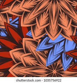 Seamless floral background. Tracery handmade nature ethnic fabric backdrop pattern with flowers. Textile design texture. Decorative color art. Vector