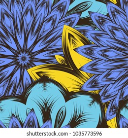 Seamless floral background. Tracery handmade nature ethnic fabric backdrop pattern with flowers. Textile design texture. Decorative color art. Vector