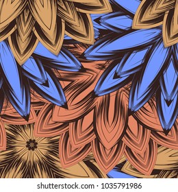 Seamless floral background. Tracery handmade nature ethnic fabric backdrop pattern with flowers. Textile design texture. Decorative color art. Vector