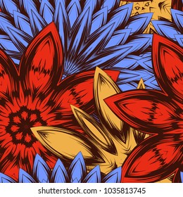 Seamless floral background. Tracery handmade nature ethnic fabric backdrop pattern with flowers. Textile design texture. Decorative color art. Vector